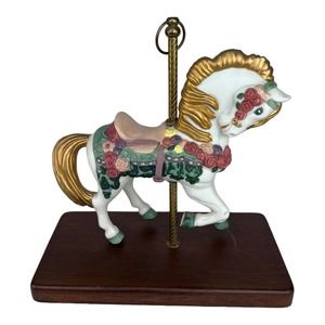 Paul Sebastian Ceramic White Carousel Horse Flowers Golden Mane & Tail Wood Base